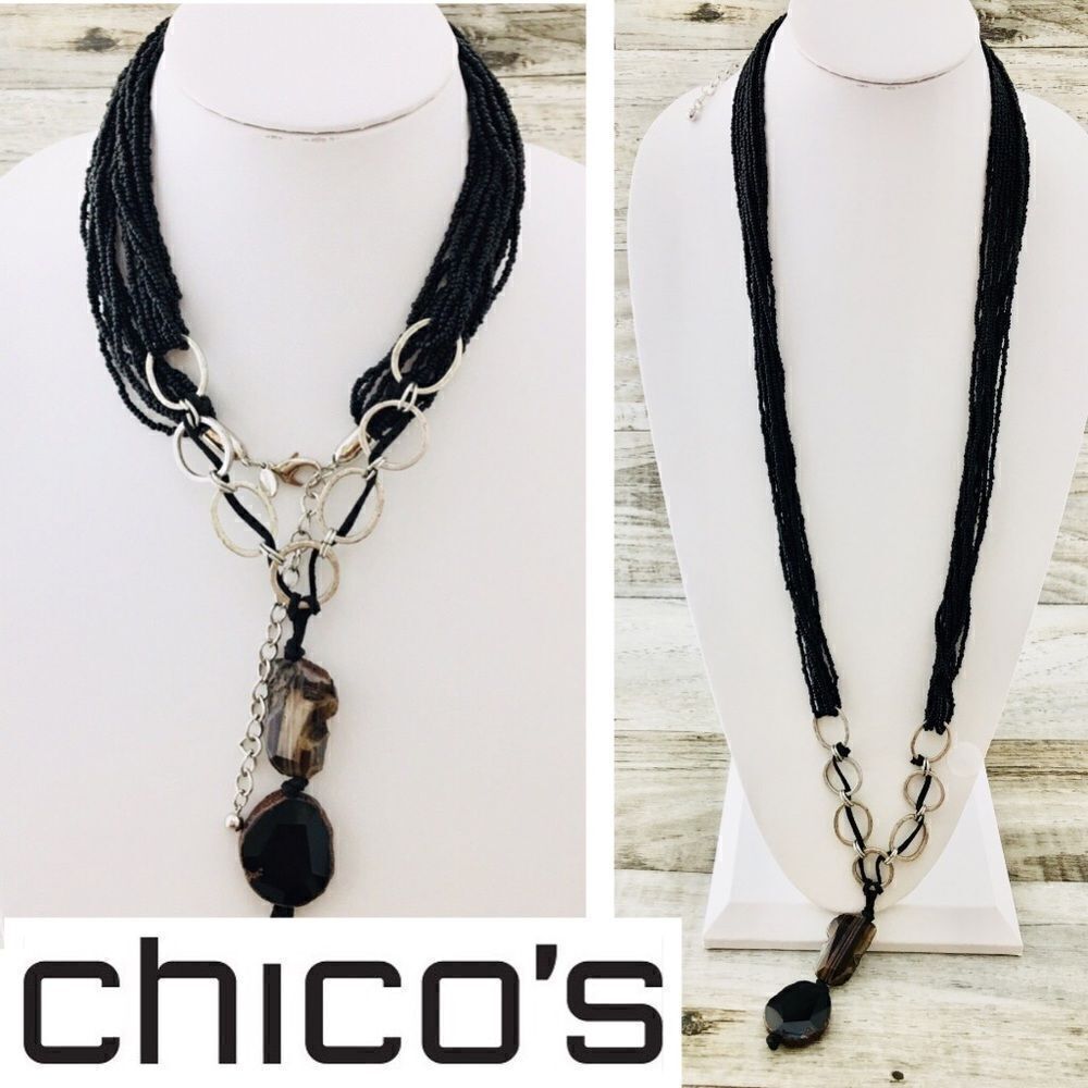 Stunning Chico’s chunky Seed Beads Gemstone Necklace Black Silver 4458
